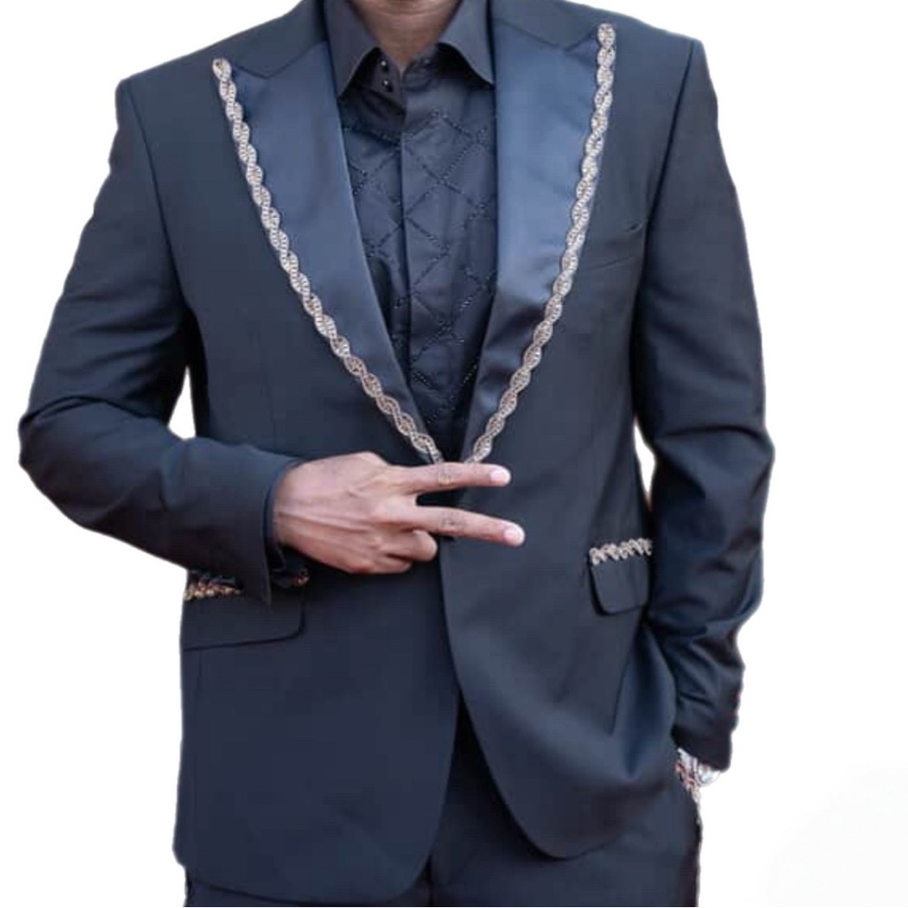 Elegant Black Pants & Jacket with Gold Trim